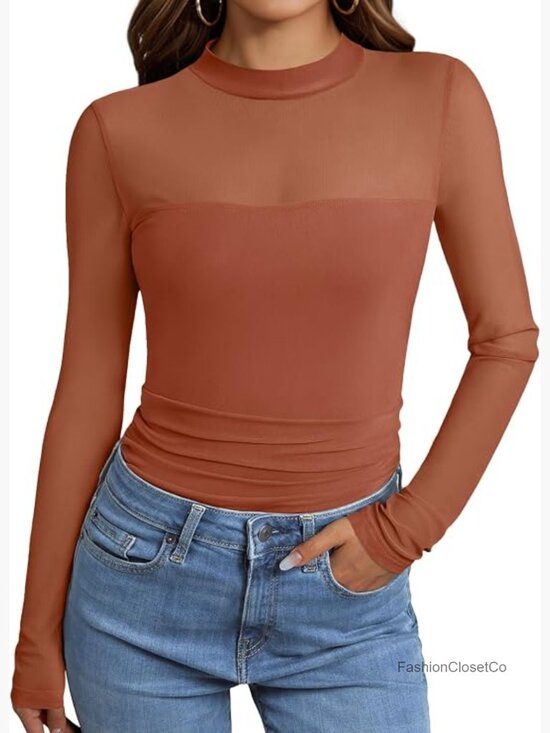 Tops - Lace Mesh Sheer Shirt Mock Turtleneck Long Sleeve Going Out Top
